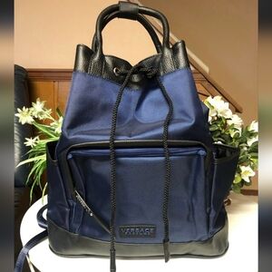 Versace Navy and Black Drawstring Backpack with Front Zip Pocket